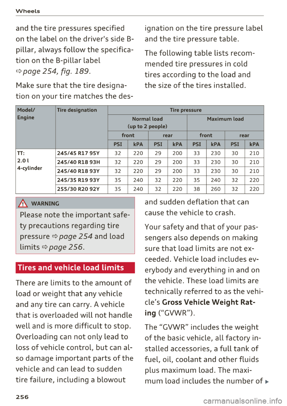 AUDI TT ROADSTER 2018  Owners Manual Wheels 
and  the  tire  pressures specified 
on the  label  on the  drivers  side 
B­
pillar, always  follow  the  specifica­
tion  on the  B-pillar label 
¢ page 254, fig. 189. 
Make sure  that  