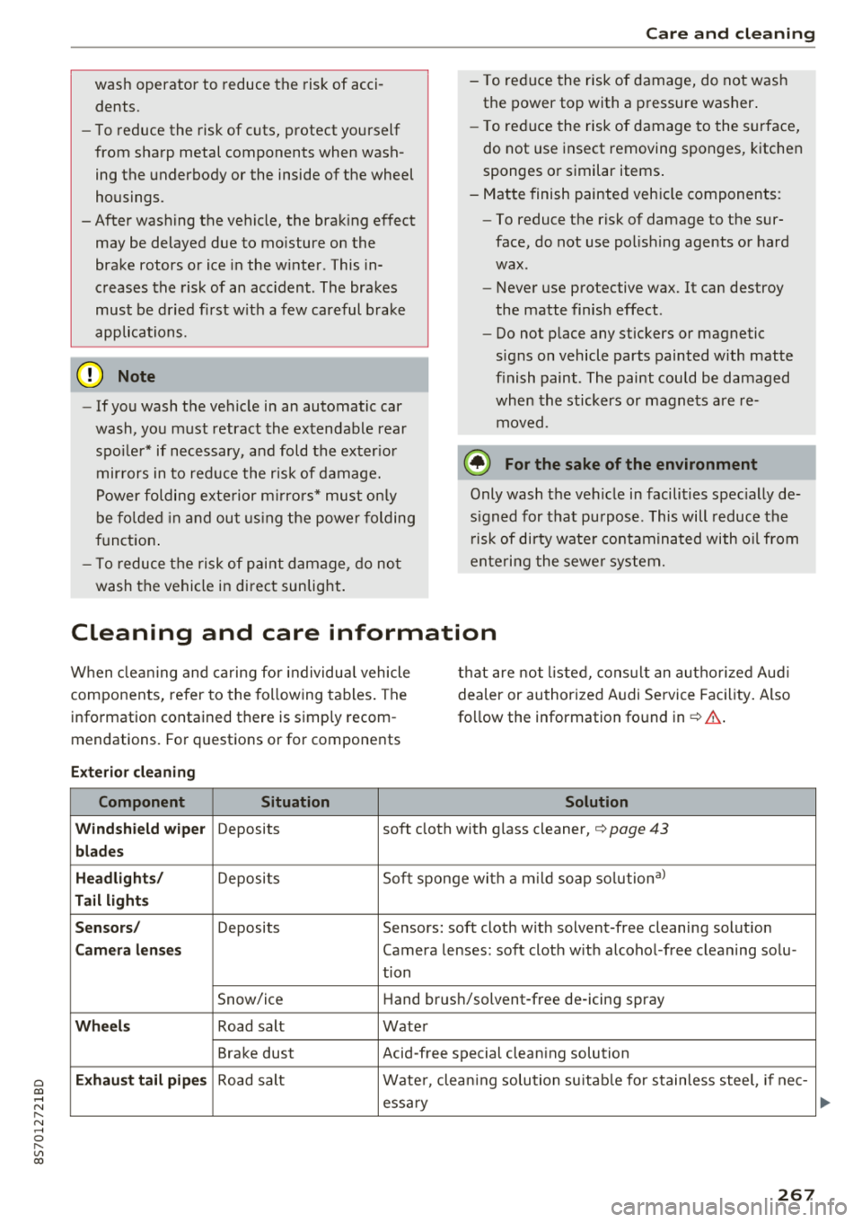 AUDI TT ROADSTER 2018 Owners Manual Cl 00 .-< N r--N .-< 0 r--Vl 00
wash operator to reduce the risk of acci
dents.
- To reduce the risk of cuts, protect yourself
from sharp metal components when wash ing th AUDI TT ROADSTER 2018 Owners Manual Cl 00 .-< N r--N .-< 0 r--Vl 00
wash operator to reduce the risk of acci
dents.
- To reduce the risk of cuts, protect yourself
from sharp metal components when wash ing th