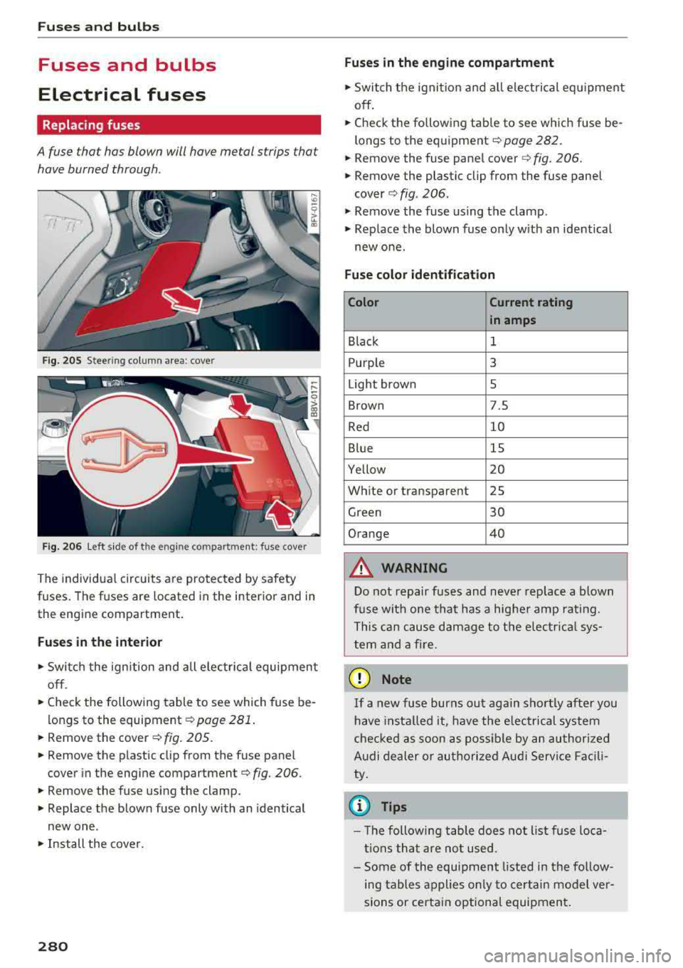 AUDI TT ROADSTER 2018 Owners Manual Fuses and bulbs
Fuses and bulbs
Electrical fuses
Replacing fuses
A fuse that has blown will have metal strips that
have burned through.
Fig. 20 5 Steering column area: cover
AUDI TT ROADSTER 2018 Owners Manual Fuses and bulbs
Fuses and bulbs
Electrical fuses
Replacing fuses
A fuse that has blown will have metal strips that
have burned through.
Fig. 20 5 Steering column area: cover