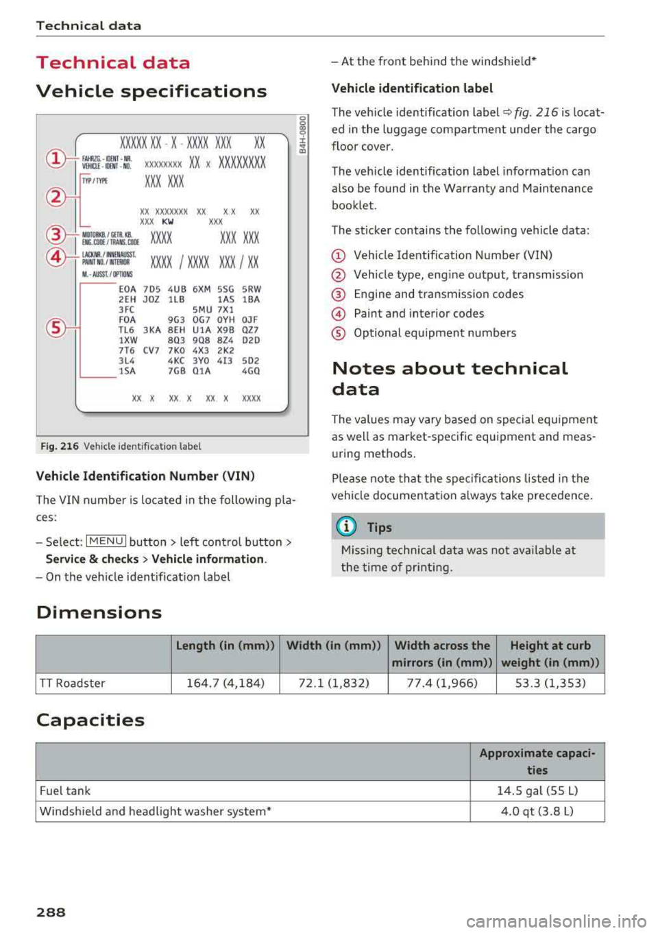 AUDI TT ROADSTER 2018 Owners Manual Technical data
Technical data
Vehicle specifications
XXXXX XX -X -X X XX XXX XX
©-+ = :::t::: XXXXXXXX XX X X X XX XX XX
IYP /rYP! XXX XXX
XX XXXXXXX XX X X XX
XXX
K W XXX
15\_J_ I ll AUDI TT ROADSTER 2018 Owners Manual Technical data
Technical data
Vehicle specifications
XXXXX XX -X -X X XX XXX XX
©-+ = :::t::: XXXXXXXX XX X X X XX XX XX
IYP /rYP! XXX XXX
XX XXXXXXX XX X X XX
XXX
K W XXX
15\_J_ I ll
