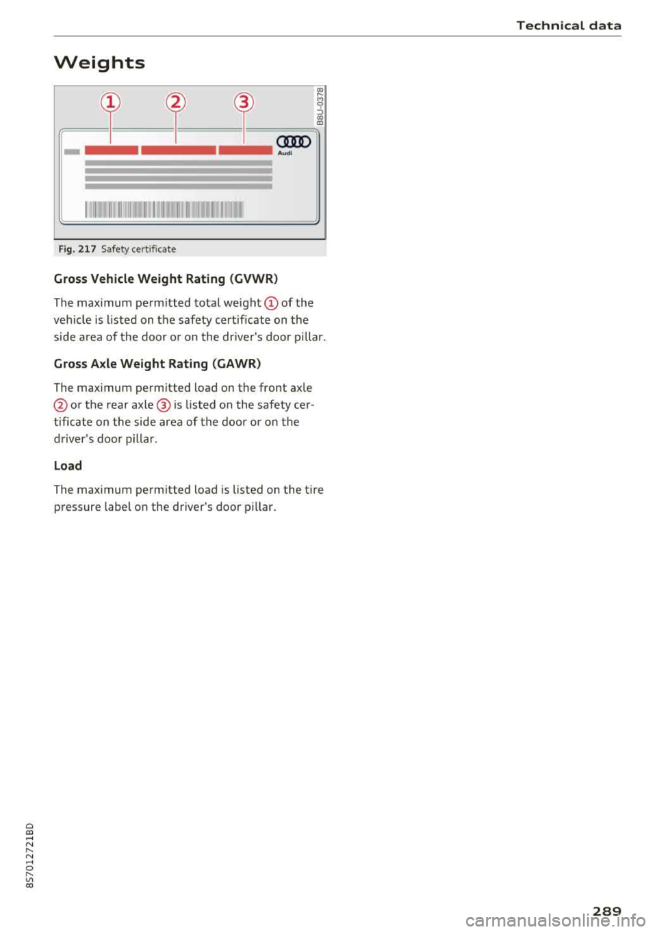 AUDI TT ROADSTER 2018 Owners Manual Cl 00 .-< N r-N .-< 0 r-Vl 00
Weights
CX)
=q)= ~=- ~-=--------= I
=I= = I= -I= cm>
-
Aud i
Fig. 21 7 Safety certificate
Gross Vehicle Weight Rating (GVWR)
The max imum perm itted t AUDI TT ROADSTER 2018 Owners Manual Cl 00 .-< N r-N .-< 0 r-Vl 00
Weights
CX)
=q)= ~=- ~-=--------= I
=I= = I= -I= cm>
-
Aud i
Fig. 21 7 Safety certificate
Gross Vehicle Weight Rating (GVWR)
The max imum perm itted t