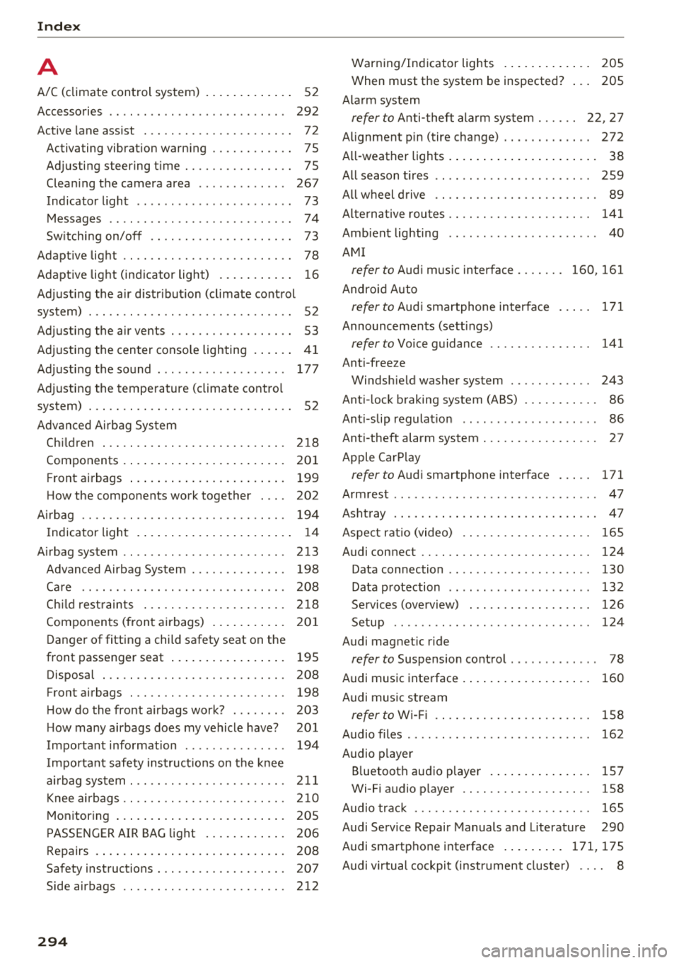 AUDI TT ROADSTER 2018 Owners Manual Index
A
A/C (climate control system) . . . . . . . . . . . . . 52
Accessories . . . . . . . . . . . . . . . . . . . . . . . . . . 292
Active lane assist . . . . . . . . . . . . . AUDI TT ROADSTER 2018 Owners Manual Index
A
A/C (climate control system) . . . . . . . . . . . . . 52
Accessories . . . . . . . . . . . . . . . . . . . . . . . . . . 292
Active lane assist . . . . . . . . . . . . .