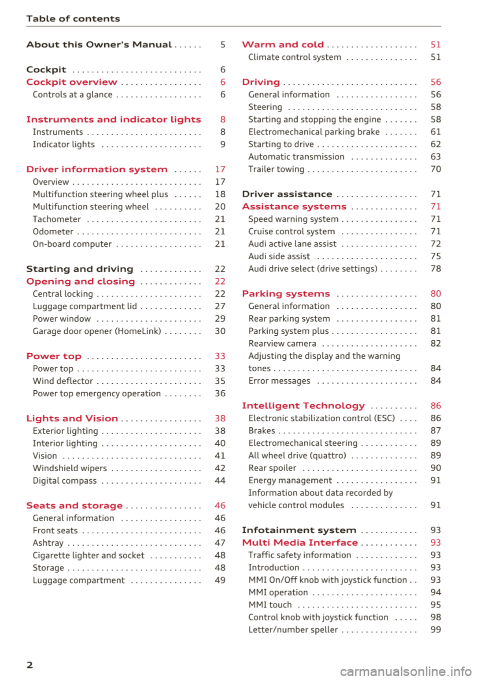 AUDI TT ROADSTER 2018  Owners Manual Table of  contents 
About  this  Owners  Manual.  . .  . . . 
5 
Cockpit  . . .  . .  . . . . . . . . . . . . . . .  . . . .  . .  . 6 
Cockpit  overview  . .  . . . . .  . . .  . .  . .  . . . 6 
Co