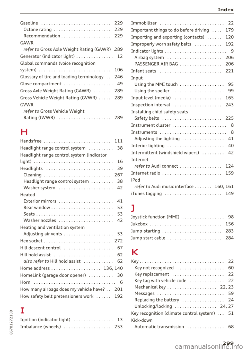 AUDI TT ROADSTER 2018  Owners Manual Cl 00 .-< N r-­N .-< 0 r-­Vl 00 
Gasoline  . . . . . .  . . .  . .  . . . . .  . . .  . .  . .  . . . .  .  229 
Octane  rating  . . . .  . .  . . . . .  . . .  . .  . .  . . . .  .  229 
Recommenda