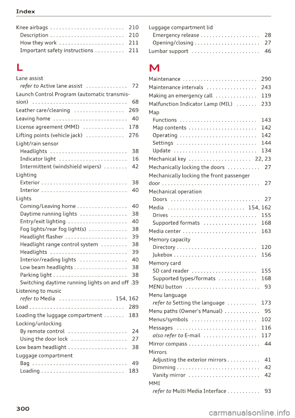 AUDI TT ROADSTER 2018 Owners Manual Index
Knee airbags . . . . . . . . . . . . . . . . . . . . . . . . . 210
Description . . . . . . . . . . . . . . . . . . . . . . . . . 210
How they work .................. .... 211 AUDI TT ROADSTER 2018 Owners Manual Index
Knee airbags . . . . . . . . . . . . . . . . . . . . . . . . . 210
Description . . . . . . . . . . . . . . . . . . . . . . . . . 210
How they work .................. .... 211