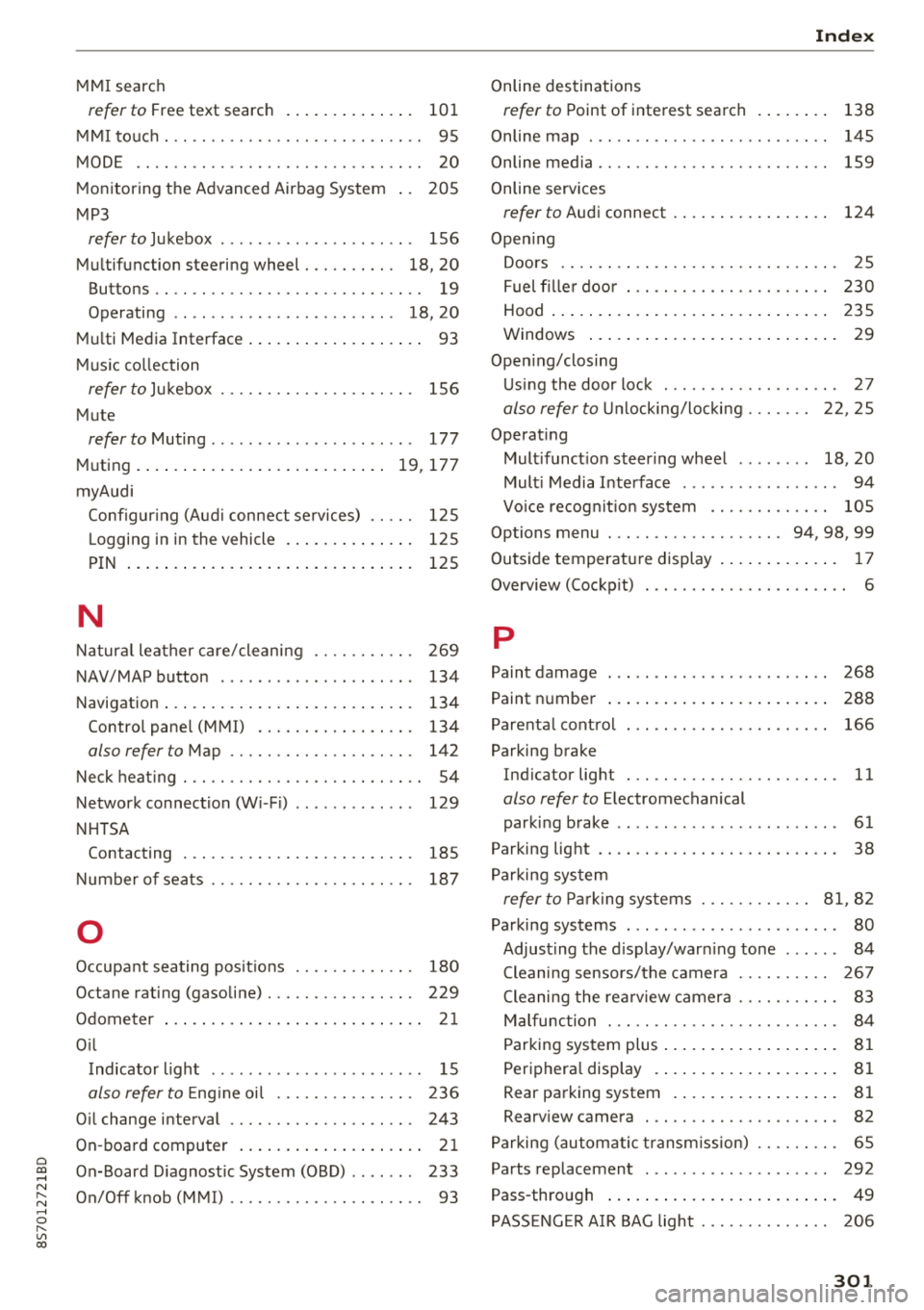 AUDI TT ROADSTER 2018  Owners Manual Cl 00 ... N r-­N ... 0 r-­Vl 00 
MMI search 
refer  to Free text  search  . .  . . .  . .  . .  . . . .  .  101 
MMI  touch  . . .  . .  . . . . . . . . . . . . . . .  . .  . .  . .  . .  95 
MODE  