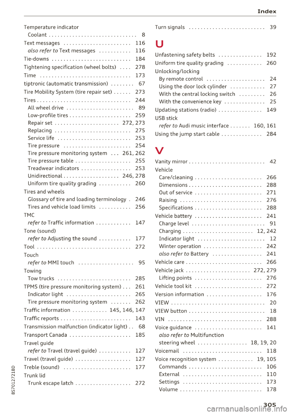 AUDI TT ROADSTER 2018  Owners Manual Temperature  indicator 
Coolant  .  . . . . .  . . .  . .  . . . . .  . . .  . .  . .  . . . .  . .  .  8 
Text  messages  .  . . . . . . . . . . . . . . .  . .  . .  . .  .  116 
also  refer  to Text
