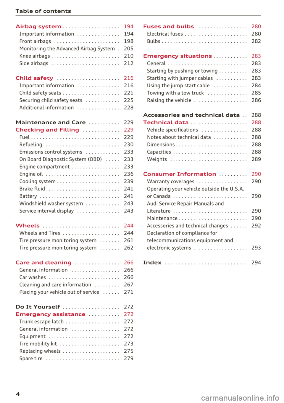 AUDI TT ROADSTER 2018  Owners Manual Table of  contents 
Airbag  system  . . .  . .  . . . . .  . . .  . .  . .  . . . 
194 
Important  information  . . . . .  . . .  . .  . .  . . .  194 
Front  a irbags  . . . . . .  . .  . . . . .  . 