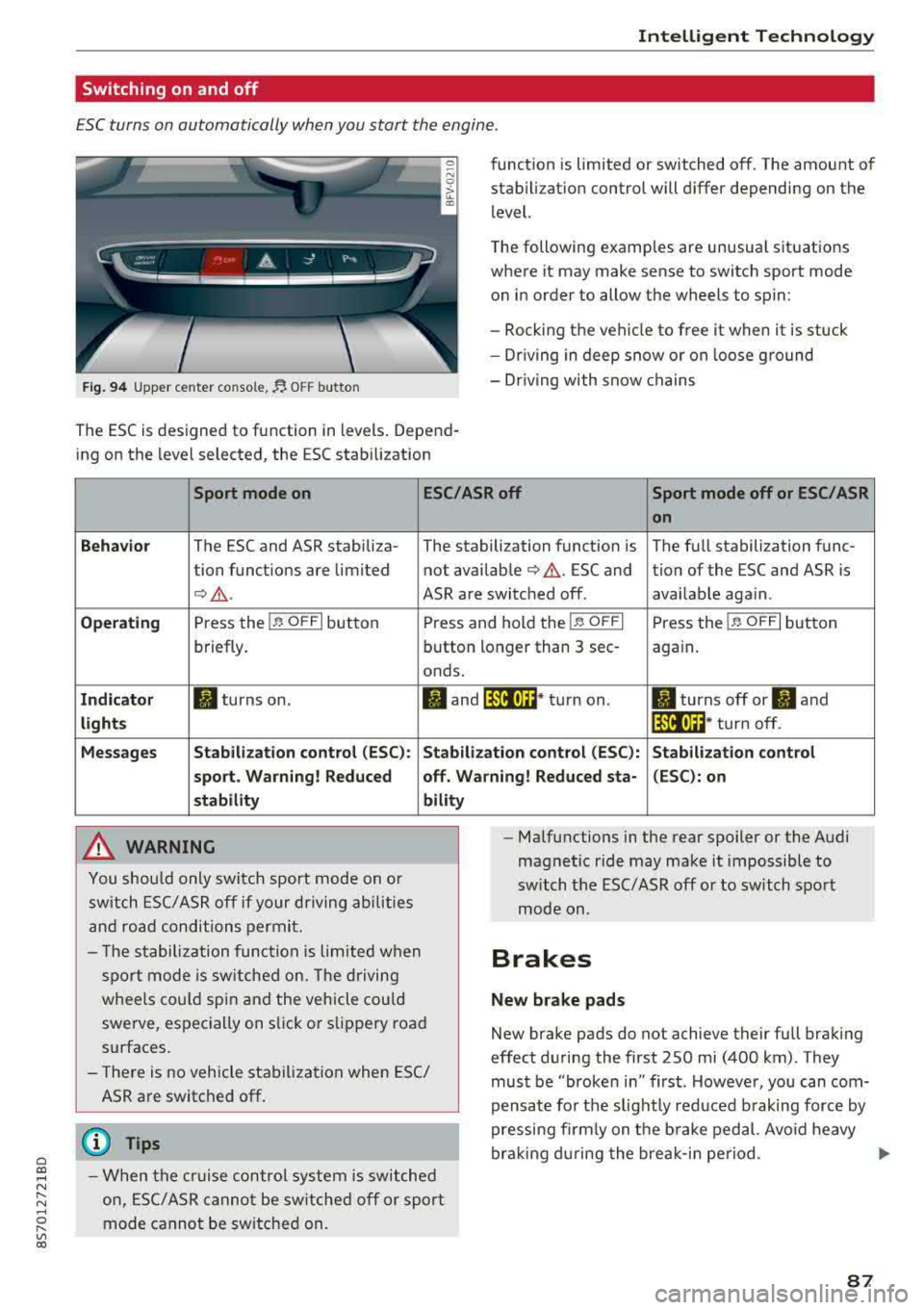 AUDI TT ROADSTER 2018  Owners Manual Cl co .... N ,.... 
N .... 0 ,.... 
Vl co 
Intelligent  Technology 
Switching  on  and  off 
ESC turns  on automatically  when you  start  the  engine. 
Fig . 9 4 Upper  center  console, fJ. OFF b utt