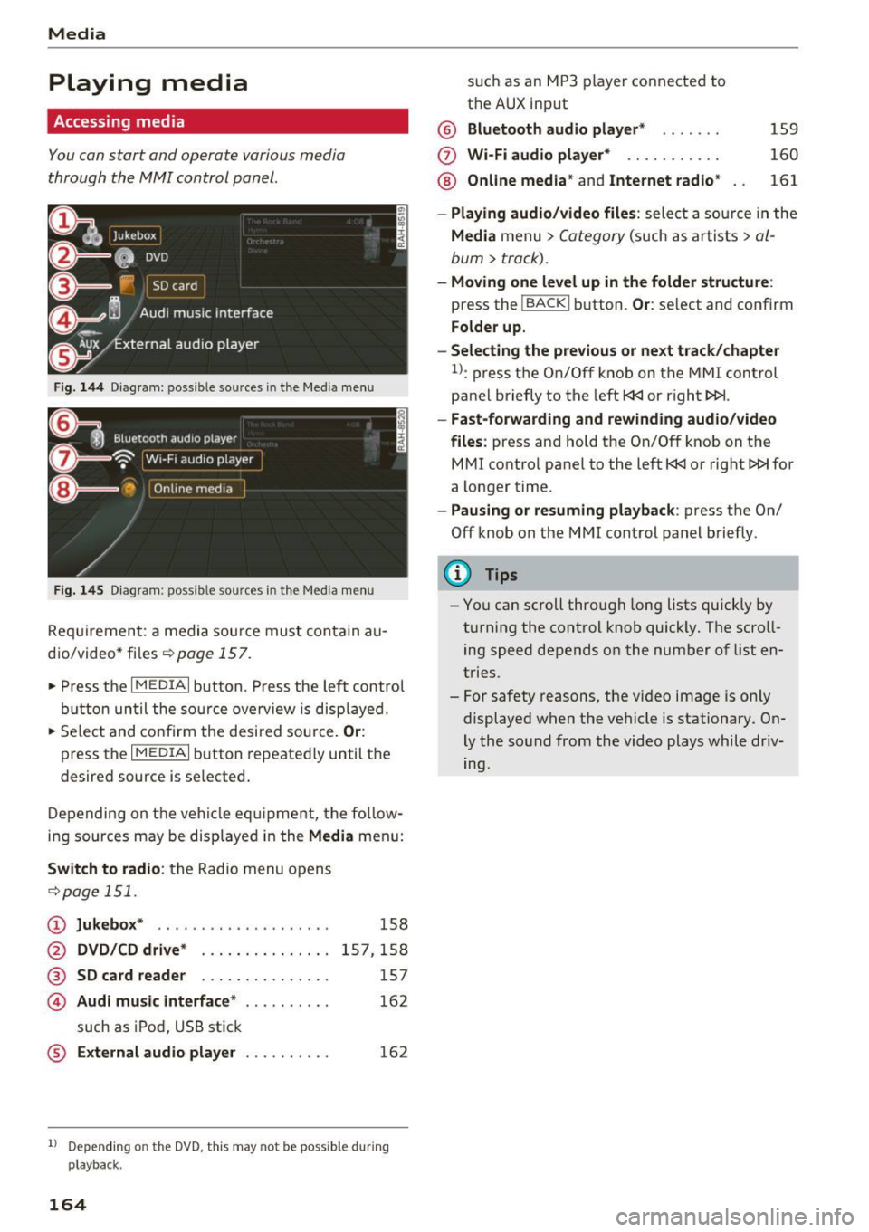 AUDI TT ROADSTER 2017  Owners Manual Media 
Playing  media 
Accessing  media 
You can start  and  operate  various  media 
through  the  MMI control  panel. 
Fig . 14 4 Dia gr am : possible  sources in  the  Media  m enu 
F ig.  145 D ia
