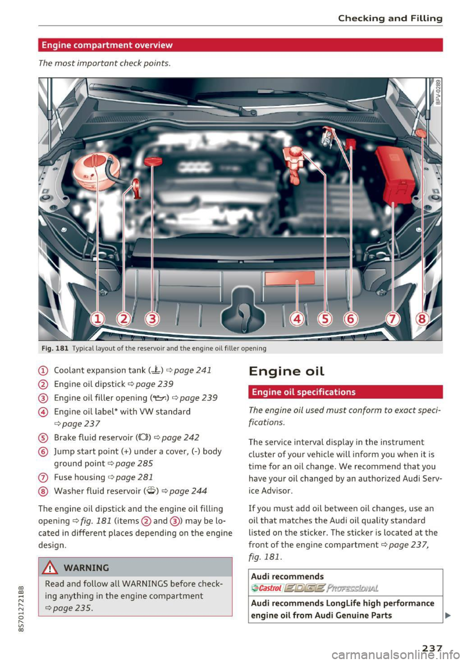 AUDI TT ROADSTER 2017 Owners Manual CD
CD
.... N
" N .... 0
" V, co
Checking and Filling
Engine compartment overview
The most important check points .
Fig. 181 Typ ica l layout of the reservo ir and the eng ine o il fi AUDI TT ROADSTER 2017 Owners Manual CD
CD
.... N
" N .... 0
" V, co
Checking and Filling
Engine compartment overview
The most important check points .
Fig. 181 Typ ica l layout of the reservo ir and the eng ine o il fi