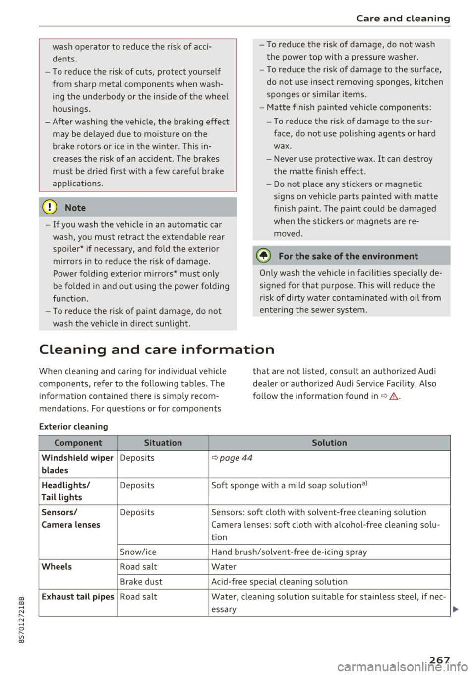 AUDI TT ROADSTER 2017  Owners Manual co 
co 
.... N 
" N .... 0 
" " c:o 
wash  operator  to  reduce  the  risk of  acci­dents. 
- To reduce  the  risk of  cuts,  protect  yourself 
from  sharp  metal  components  when  wash­
ing  the