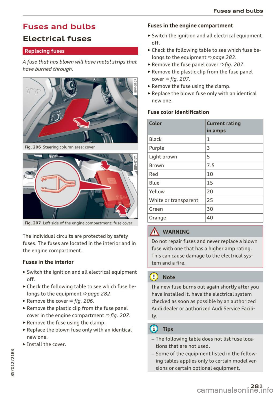 AUDI TT ROADSTER 2017  Owners Manual CD 
CD 
.... N 
" N ...... 0 r--. V, co 
Fuses  and  bulbs 
Electrical  fuses 
Replacing  fuses 
A fuse that  has  blown  will have  metal  strips  tha t 
have  burned  through . 
Fig. 206 Steer ing  