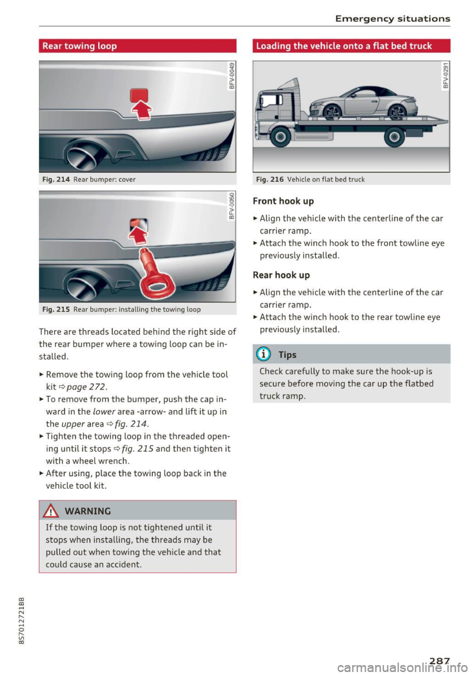 AUDI TT ROADSTER 2017  Owners Manual CD 
CD 
.... N 
" N .... 0 
" V, co 
Rear towing  loop 
Fig.  214 Rea r bumper:  cove r 
Fig. 215 Rear bumper:  installing  the towing  loop 
There  are  threads  located  beh ind  the  right  side  o