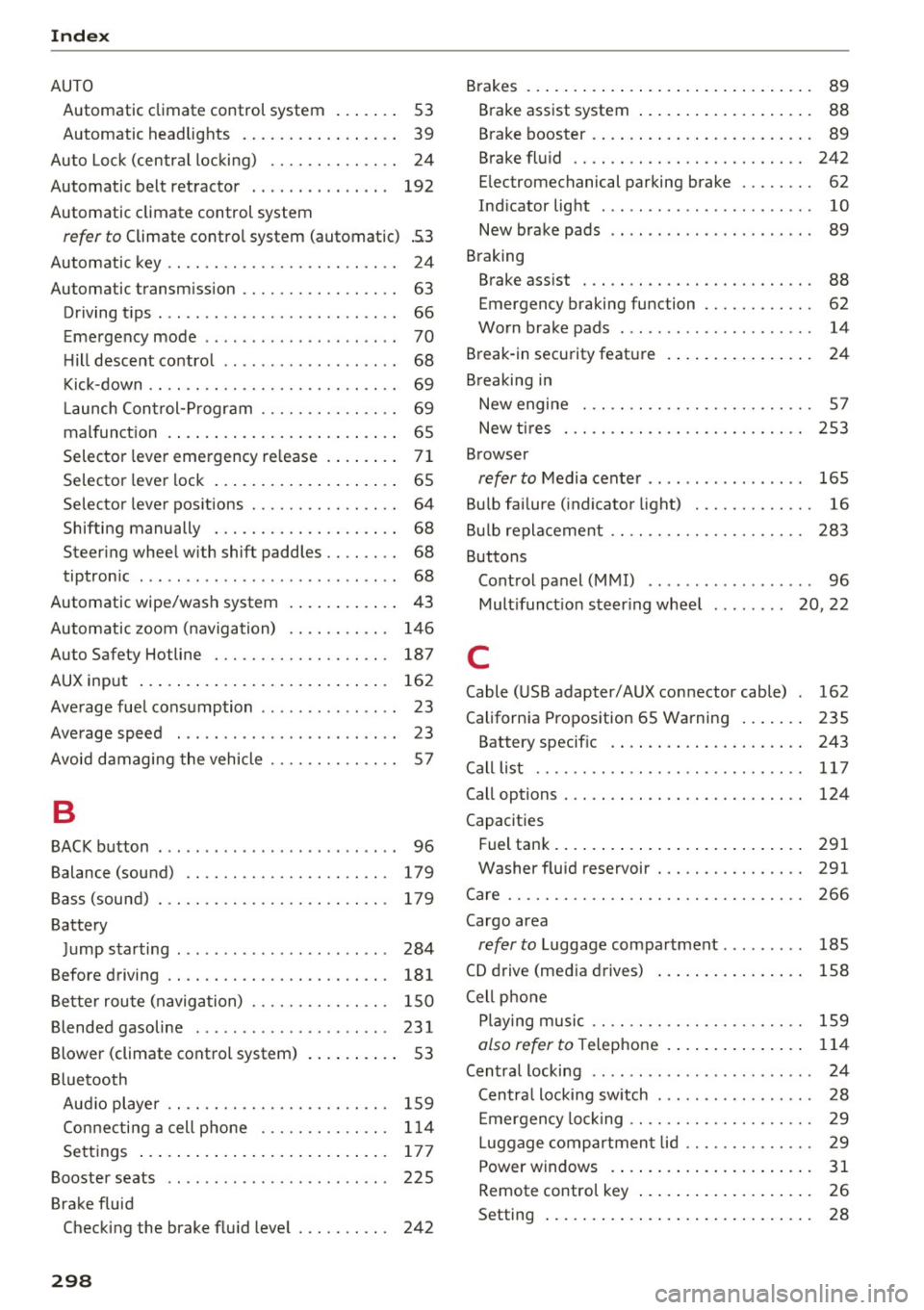 AUDI TT ROADSTER 2017 User Guide Index 
AUTO Automatic  climate  control  system  . . .  . . . .  53 
Automatic  headlights  .  . . . . .  . . .  . .  . .  . .  . .  39 
Auto  Lock (central  locking)  . . . . . .  . . . .  . .  . .  