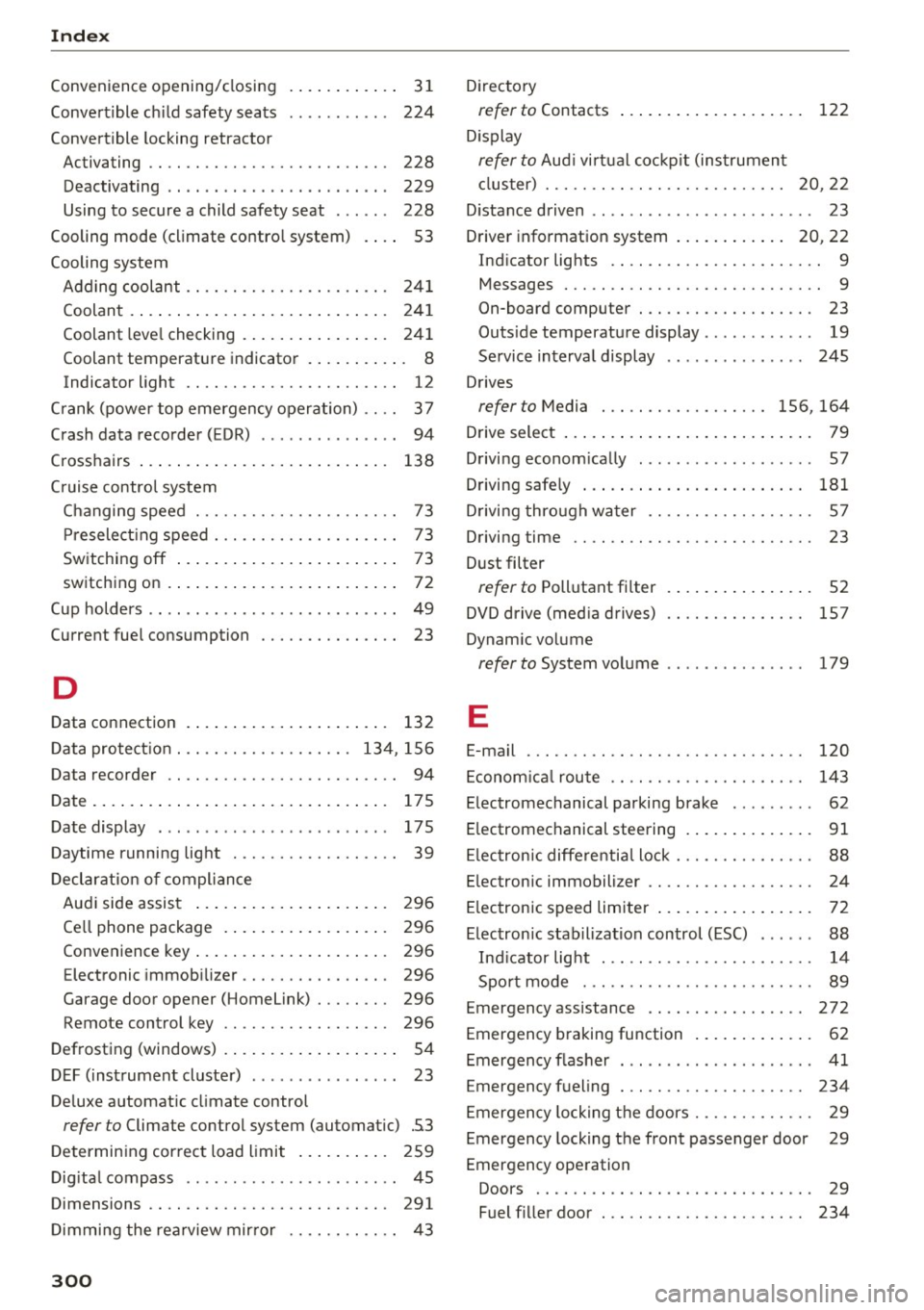 AUDI TT ROADSTER 2017 User Guide Index 
Convenience opening/closing 
Convert ible ch ild safety  seats 
Convertible  locking  ret ractor  . 
.  . .  . .  . .  . . . .  31 
224 
Activating  . .  . .  . . . . . . . . . . . . . . . . . 