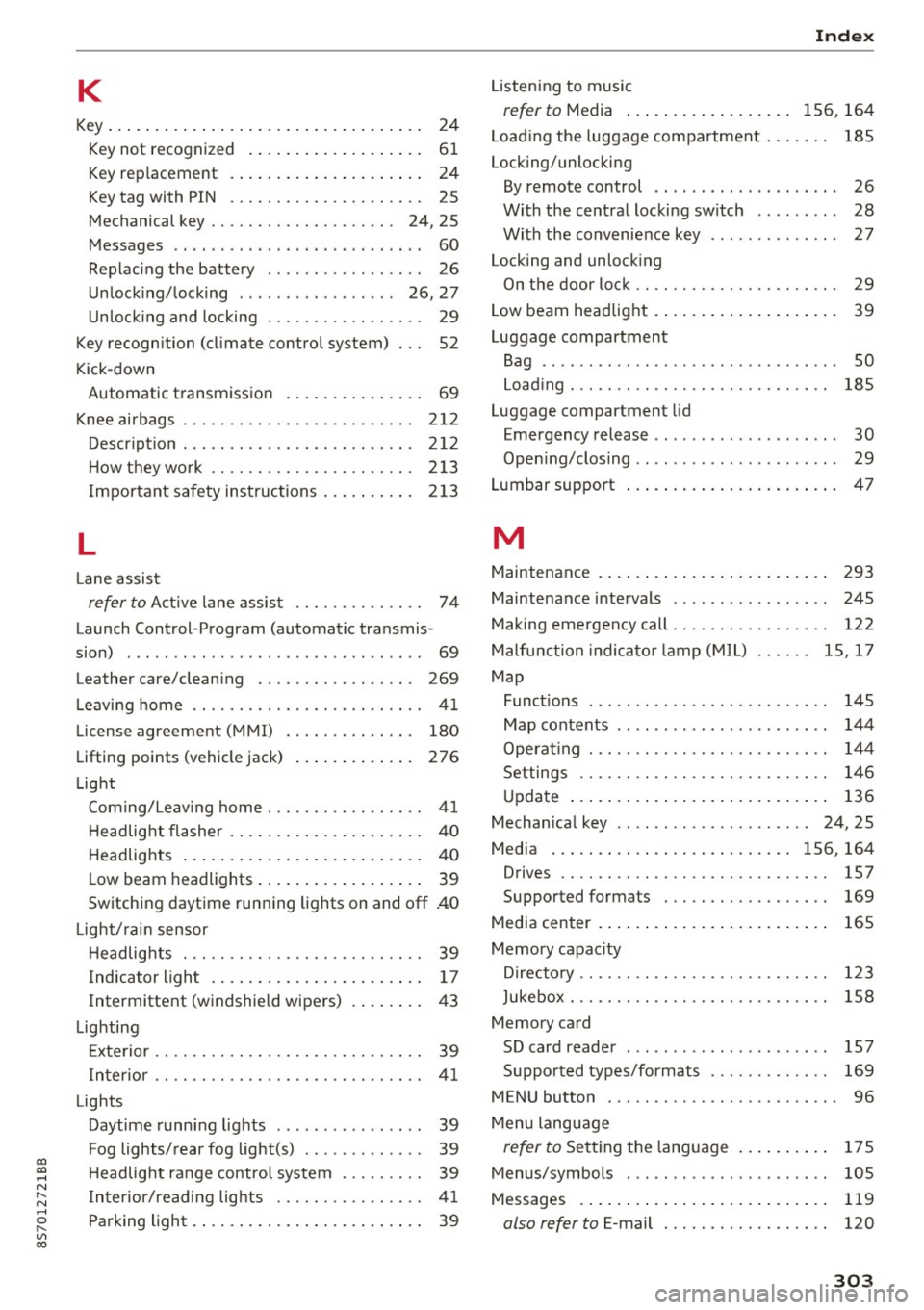 AUDI TT ROADSTER 2017  Owners Manual co 
co 
.... N 
" N .... 0 
" " c:o 
K 
Key... .. .. .. .. .... .. .... ... .. .. .... .. 24 
Key not  recognized  .  . . . . .  . . .  . .  . .  . . . .  . . 61 
Key replacement  .  . .  .  . . . . 