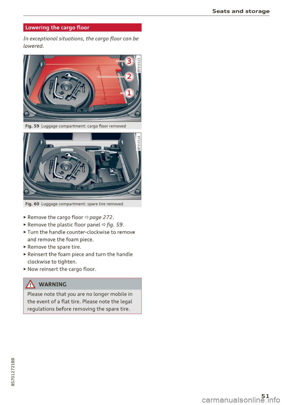 AUDI TT ROADSTER 2017 Workshop Manual CD
CD
.... N
" N ...... 0 r--. V, co
Lowering the cargo floor
In exceptional situations, the cargo floor can be lowered .
Fig. S9 Luggage compartment: ca rgo floor removed
Fig. 60 Lu AUDI TT ROADSTER 2017 Workshop Manual CD
CD
.... N
" N ...... 0 r--. V, co
Lowering the cargo floor
In exceptional situations, the cargo floor can be lowered .
Fig. S9 Luggage compartment: ca rgo floor removed
Fig. 60 Lu