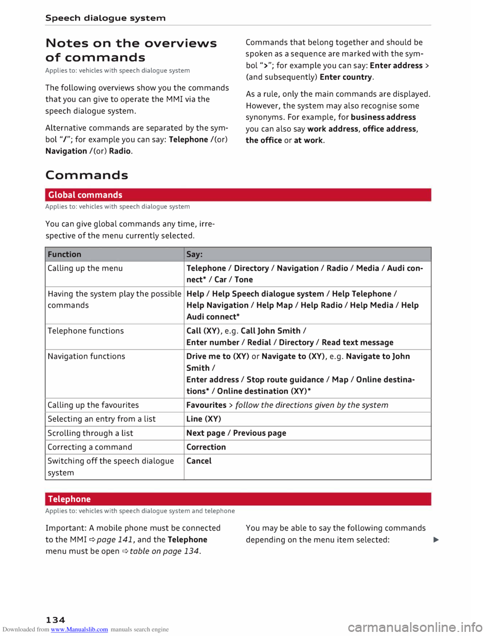 AUDI TT ROADSTER 2016  Owners Manual Downloaded from www.Manualslib.com manuals search engine Speech 
dialogue  system 
Notes  on the  overviews 
of  commands 
Applies  to: vehicles  with speech  dialogue  system 
The  following  overvie