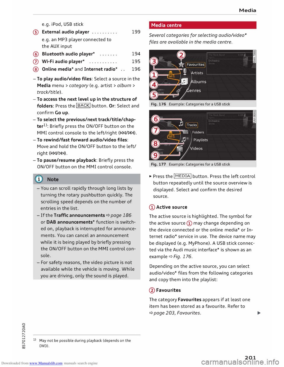 AUDI TT ROADSTER 2016 Owners Manual Downloaded from www.Manualslib.com manuals search engine 0
<t
0
N
,.....
N e.g.
iPod, USB stick
® External audio player
e.g. an MP3 player connected to
the AUX input
® Bluetooth aud AUDI TT ROADSTER 2016 Owners Manual Downloaded from www.Manualslib.com manuals search engine 0
<t
0
N
,.....
N e.g.
iPod, USB stick
® External audio player
e.g. an MP3 player connected to
the AUX input
® Bluetooth aud