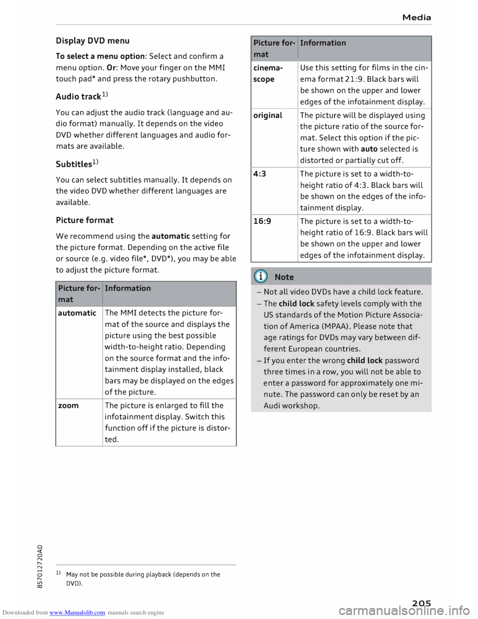 AUDI TT ROADSTER 2016 Owners Manual Downloaded from www.Manualslib.com manuals search engine 0
<t
0
N
,.....
N Display
DVD menu
To select a menu option: Select and confirm a
menu option. Or: Move your finger on the MM AUDI TT ROADSTER 2016 Owners Manual Downloaded from www.Manualslib.com manuals search engine 0
<t
0
N
,.....
N Display
DVD menu
To select a menu option: Select and confirm a
menu option. Or: Move your finger on the MM