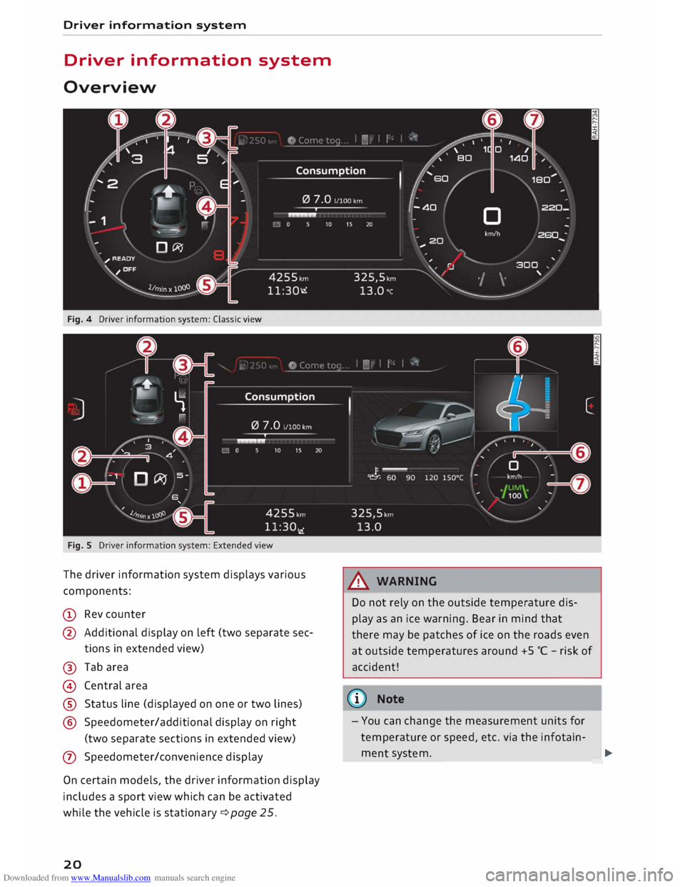 AUDI TT ROADSTER 2016 Owners Manual Downloaded from www.Manualslib.com manuals search engine Driver 
information  system 
Driver  information  system 
Overview 
Fig. 4  Driver information  system: Classic view 
The  driver  information 