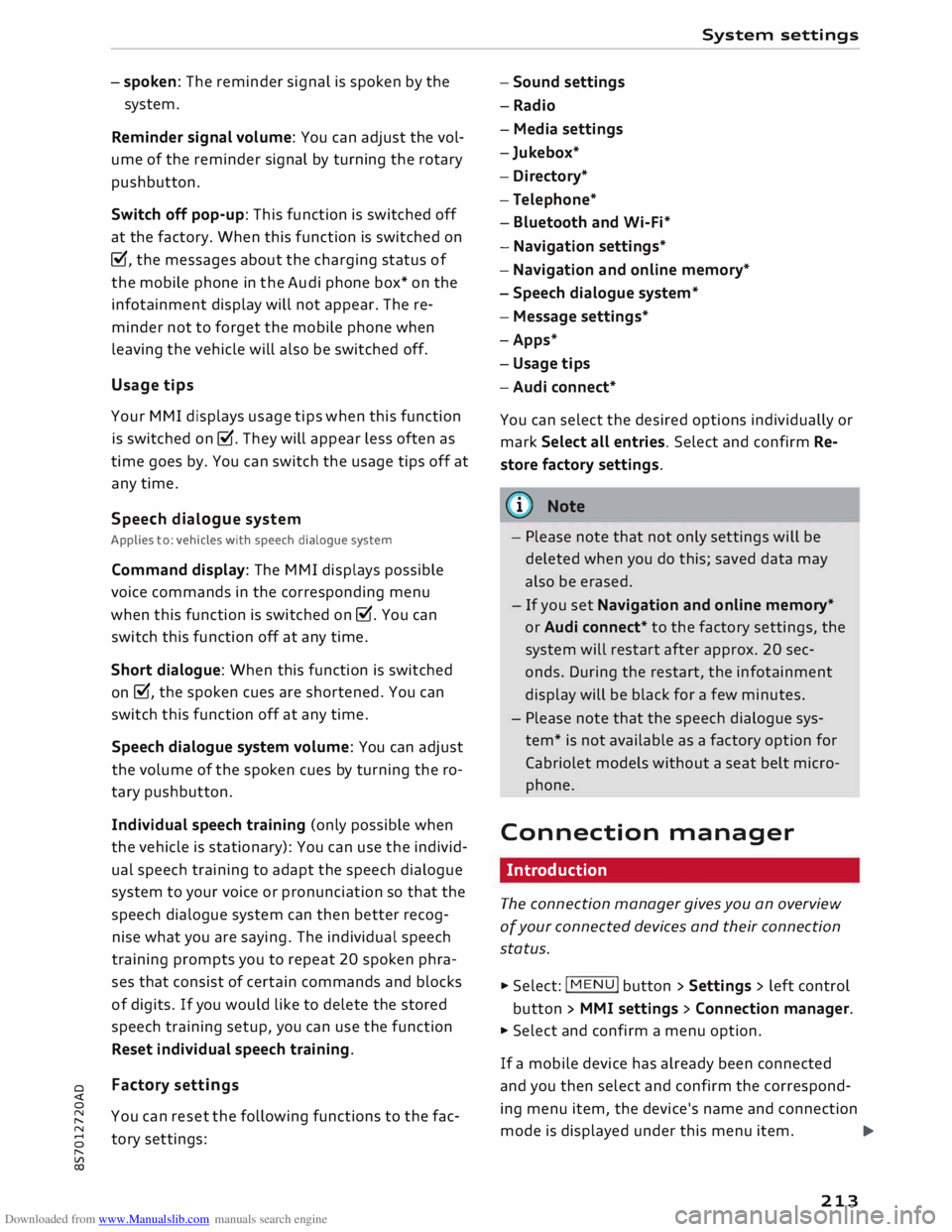 AUDI TT ROADSTER 2016 Owners Manual Downloaded from www.Manualslib.com manuals search engine 0
<t
0
N
,.....
N
......
0
,.....
Vl
CX) -
spoken: The reminder signal is spoken by the
system.
Reminder signal volume: You can AUDI TT ROADSTER 2016 Owners Manual Downloaded from www.Manualslib.com manuals search engine 0
<t
0
N
,.....
N
......
0
,.....
Vl
CX) -
spoken: The reminder signal is spoken by the
system.
Reminder signal volume: You can