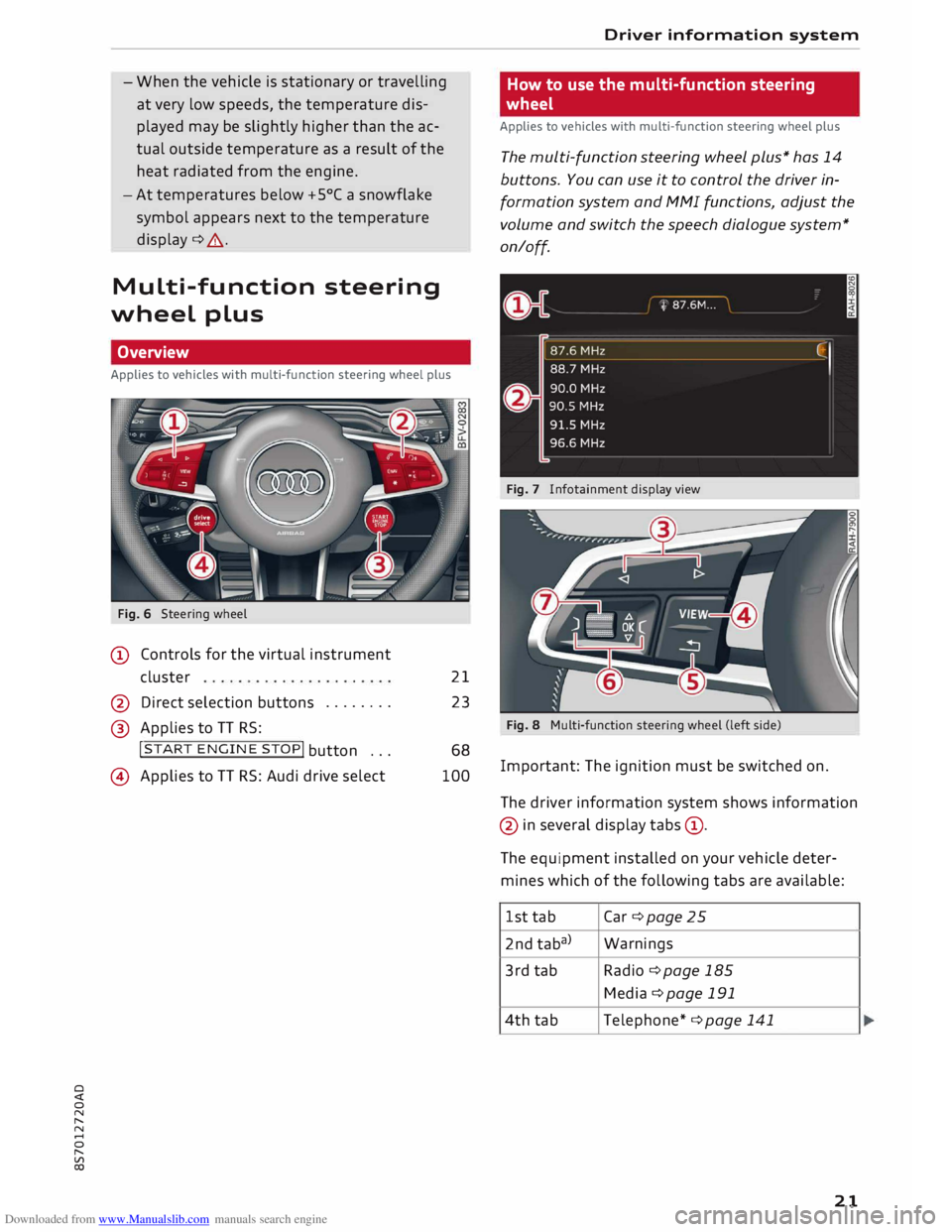 AUDI TT ROADSTER 2016  Owners Manual Downloaded from www.Manualslib.com manuals search engine 0 
<t 
0 
N 
,..... 
N 
...... 
0 
,..... 
Vl 
CX)  -
When the  vehicle is stationary  or travelling
at  very  low speeds,  the temperature  di