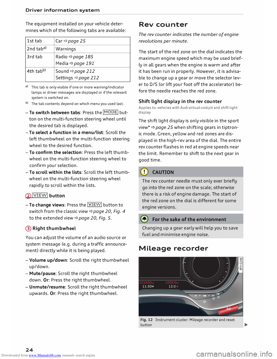 AUDI TT ROADSTER 2016 Owners Manual Downloaded from www.Manualslib.com manuals search engine Driver 
information  system 
The  equipment  installed on your  vehicle  deter­
mines  which of the  following  tabs are available: 
1st  tab 