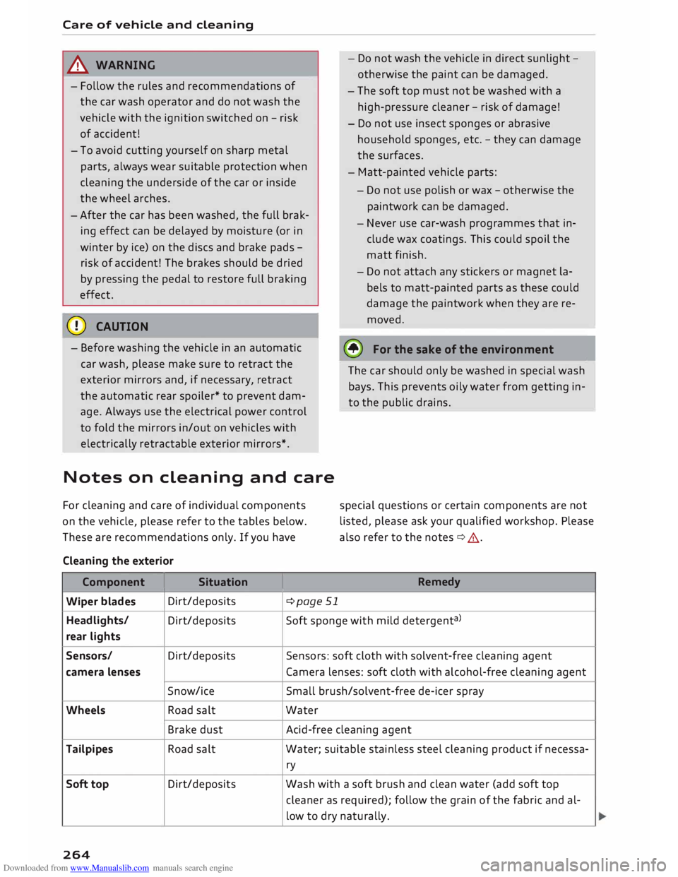 AUDI TT ROADSTER 2016  Owners Manual Downloaded from www.Manualslib.com manuals search engine Care 
of vehicle  and cleaning 
.&_  WARNING
- Follow  the rules  and recommendations  of
the  car wash  operator  and do not  wash  the
vehicl