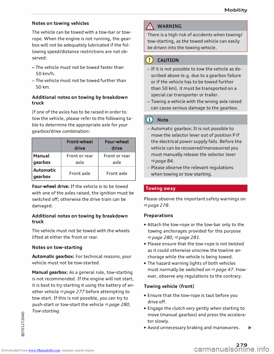 AUDI TT ROADSTER 2016  Owners Manual Downloaded from www.Manualslib.com manuals search engine 0 
<t 
0 
N 
,..... 
N 
...... 
0 
,..... 
Vl 
CX)  Notes 
on towing  vehicles 
The  vehicle can  be towed  with a tow-bar  or tow­
rope.  Whe