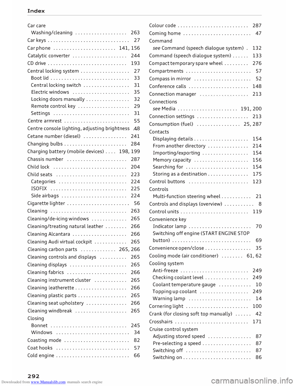 AUDI TT ROADSTER 2016  Owners Manual Downloaded from www.Manualslib.com manuals search engine Index 
Car  care 
Washing/cleaning  . . . . . . . . . . . . . . . . . . .  263 
Car  keys  . . . . . . . . . . . . . . . . . . . . . . . . . . 