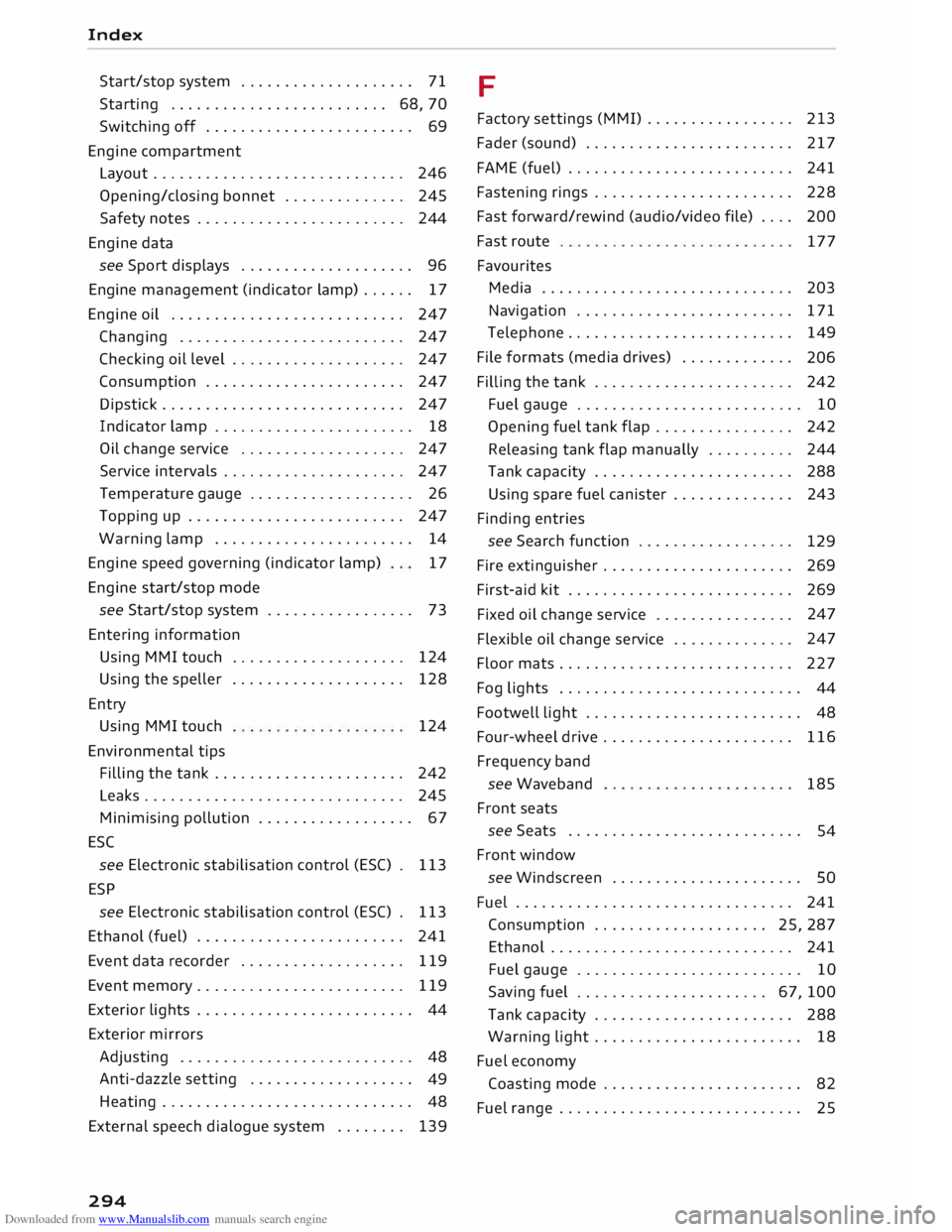 AUDI TT ROADSTER 2016  Owners Manual Downloaded from www.Manualslib.com manuals search engine Index 
Start/stop  system . . . . .  . . . . . . . . . . . . . .  .  71 
Starting  . . . . . . . . . . . . . . . . . . . . . . . . .  68, 70 
S