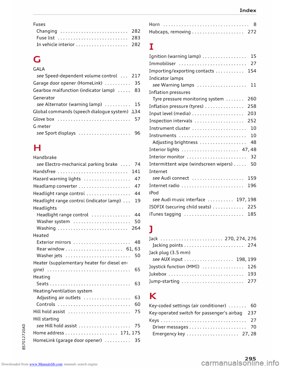 AUDI TT ROADSTER 2016 Owners Manual Downloaded from www.Manualslib.com manuals search engine 0
<t
0
N
,.....
N
....
0
,.....
Vl
CX) Fuses
Changing 282
Fuse list . . . . . . . . . . . . . . . . . . . . . . . . . . .
283 AUDI TT ROADSTER 2016 Owners Manual Downloaded from www.Manualslib.com manuals search engine 0
<t
0
N
,.....
N
....
0
,.....
Vl
CX) Fuses
Changing 282
Fuse list . . . . . . . . . . . . . . . . . . . . . . . . . . .
283
