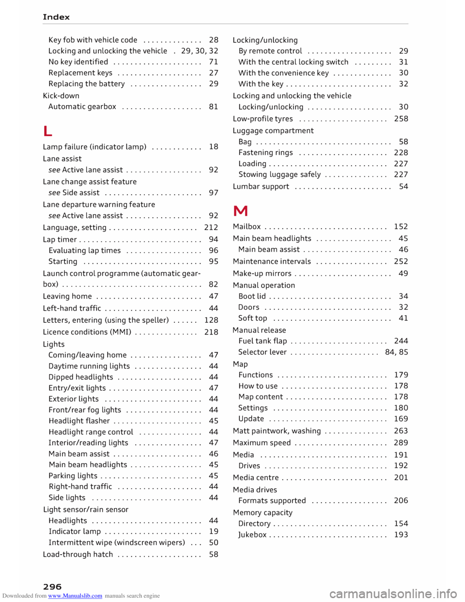 AUDI TT ROADSTER 2016  Owners Manual Downloaded from www.Manualslib.com manuals search engine Index 
Key  fob with  vehicle  code . . . . . . . . . . . . . .  28 
Locking  and unlocking  the vehicle  . 29,  30, 32 
No  key  identified  .