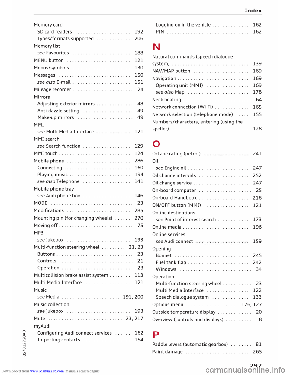 AUDI TT ROADSTER 2016  Owners Manual Downloaded from www.Manualslib.com manuals search engine 0 
<t 
0 
N 
,..... 
N 
.... 
0 
,..... 
Vl 
CX)  Memory 
card 
SD  card  readers  . . . . . . . . . . . . . . . . . . . . .  192 
Types/format