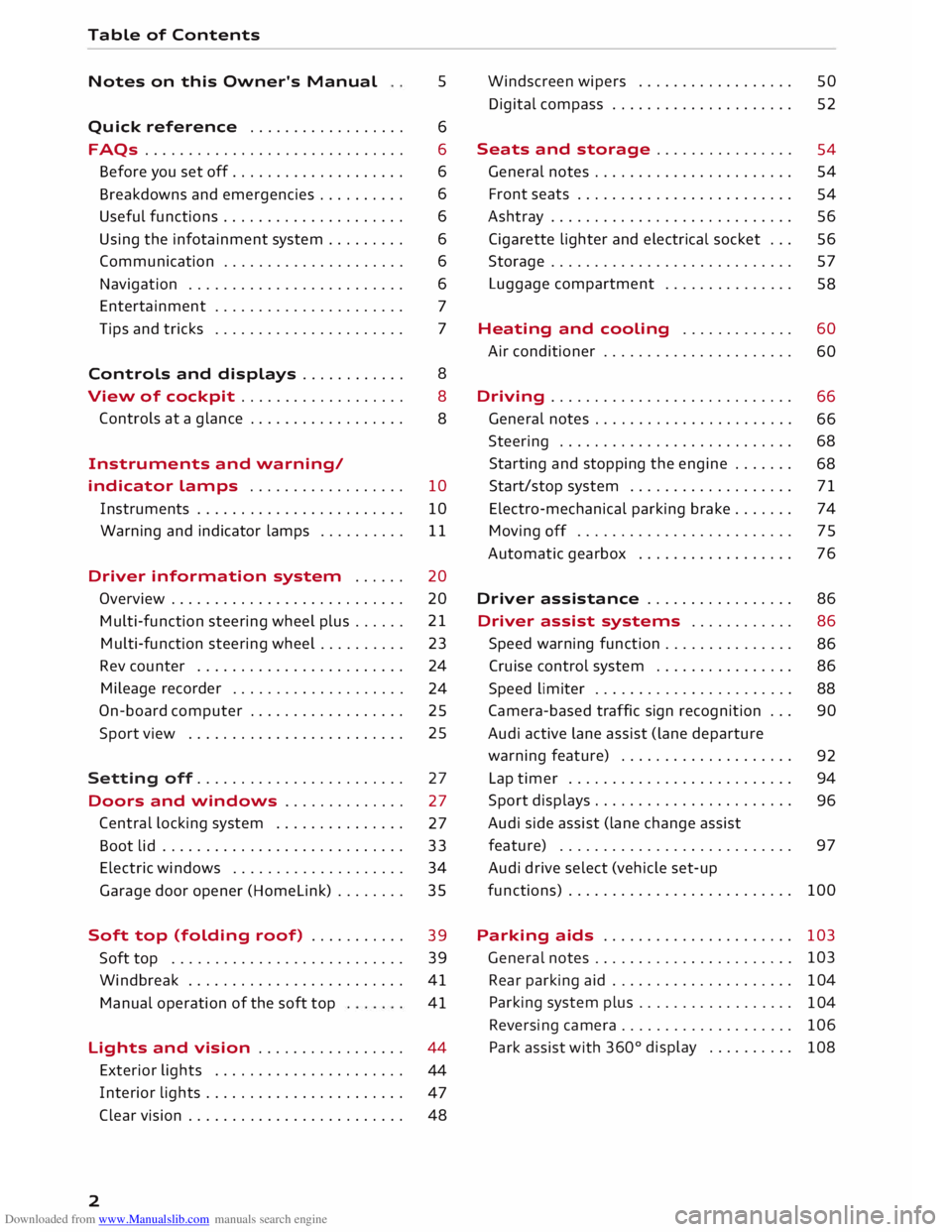 AUDI TT ROADSTER 2016 Owners Manual Downloaded from www.Manualslib.com manuals search engine Table
of Contents
Notes on this Owner's Manual 5
Quick reference ................. . 6
6
6
6
6
6
6
6
7
7
FAQs
........ AUDI TT ROADSTER 2016 Owners Manual Downloaded from www.Manualslib.com manuals search engine Table
of Contents
Notes on this Owner's Manual 5
Quick reference ................. . 6
6
6
6
6
6
6
6
7
7
FAQs
........