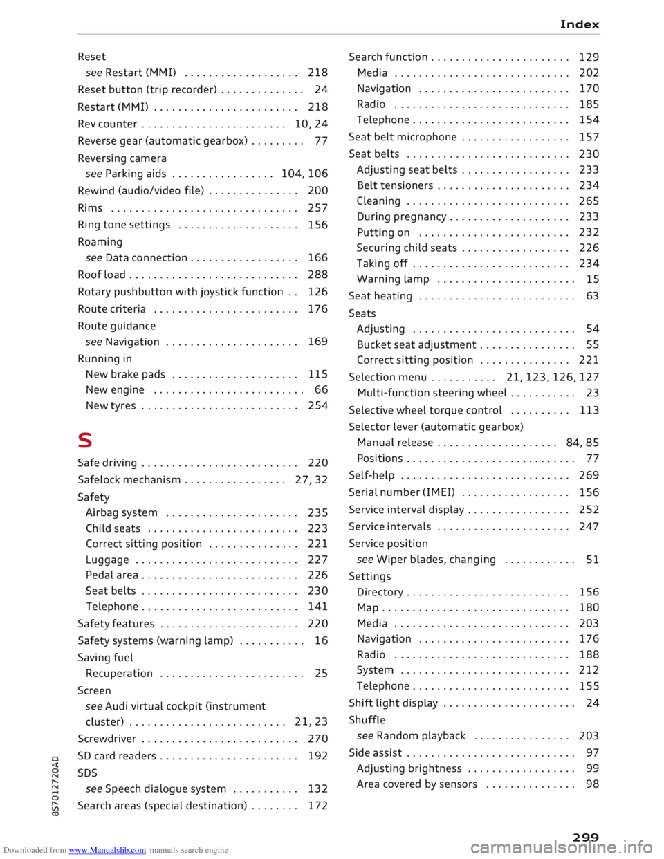 AUDI TT ROADSTER 2016 Owners Manual Downloaded from www.Manualslib.com manuals search engine 0
<t
0
N
,.....
N
......
0
,.....
Vl
CX) Reset
see Restart (MMI) . . . . . . . . . . . . . . . . . . .
218
Reset button (trip AUDI TT ROADSTER 2016 Owners Manual Downloaded from www.Manualslib.com manuals search engine 0
<t
0
N
,.....
N
......
0
,.....
Vl
CX) Reset
see Restart (MMI) . . . . . . . . . . . . . . . . . . .
218
Reset button (trip
