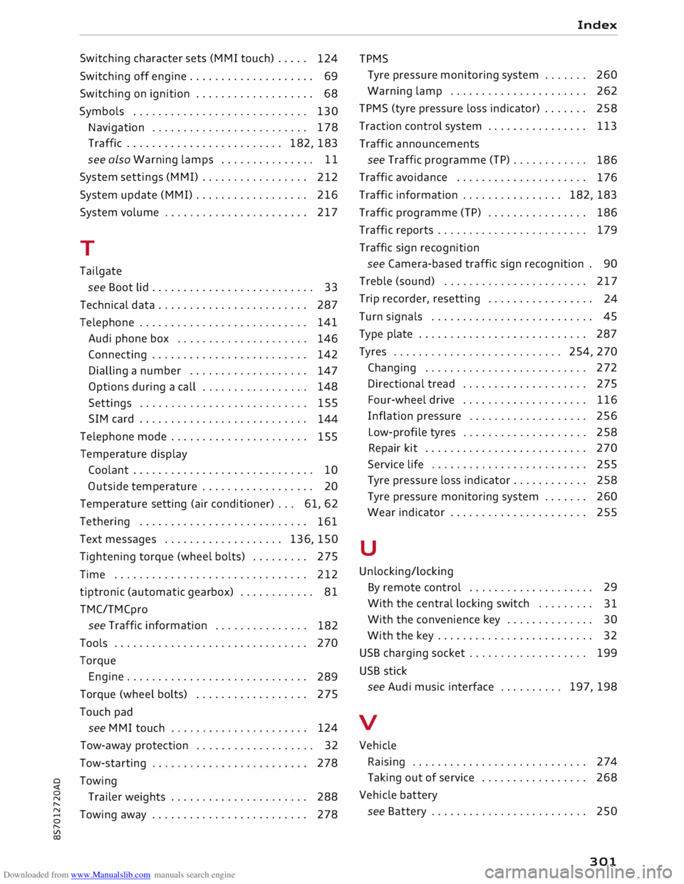 AUDI TT ROADSTER 2016 Owners Manual Downloaded from www.Manualslib.com manuals search engine 0
<t
0
N
,.....
N
....
0
,.....
Vl
CX) Switching
character sets (MMI touch) . . . . .
124
Switching off engine . . . . . . . . AUDI TT ROADSTER 2016 Owners Manual Downloaded from www.Manualslib.com manuals search engine 0
<t
0
N
,.....
N
....
0
,.....
Vl
CX) Switching
character sets (MMI touch) . . . . .
124
Switching off engine . . . . . . . .