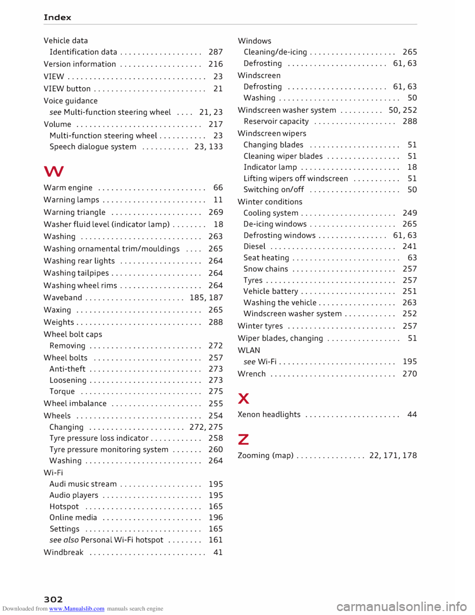 AUDI TT ROADSTER 2016 Owners Manual Downloaded from www.Manualslib.com manuals search engine Index
Vehicle data
Identification data . . . . . . . . . . . . . . . . . . .
287
Version information . . . . . . . . . . . . . . . . . AUDI TT ROADSTER 2016 Owners Manual Downloaded from www.Manualslib.com manuals search engine Index
Vehicle data
Identification data . . . . . . . . . . . . . . . . . . .
287
Version information . . . . . . . . . . . . . . . . .