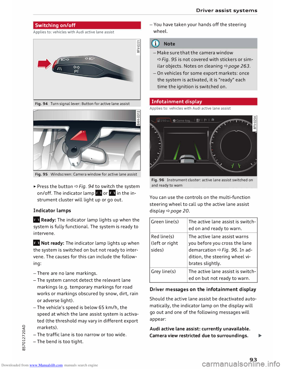 AUDI TT ROADSTER 2016 Owners Manual Downloaded from www.Manualslib.com manuals search engine 0
<t
0
N
,.....
N
....
0
,.....
Vl
CX) Switching
on/off
Applies to: vehicles with Audi active lane assist
Fig. 94 Turn sign AUDI TT ROADSTER 2016 Owners Manual Downloaded from www.Manualslib.com manuals search engine 0
<t
0
N
,.....
N
....
0
,.....
Vl
CX) Switching
on/off
Applies to: vehicles with Audi active lane assist
Fig. 94 Turn sign