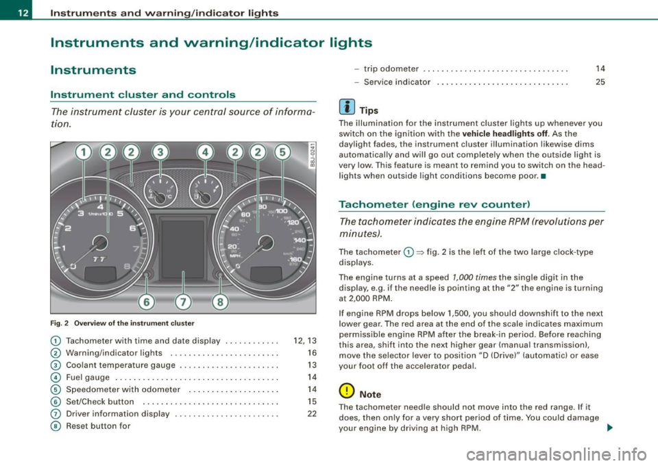 AUDI TT ROADSTER 2008 User Guide Inst rum ent s a nd warning /indi cato r li ghts
Instruments and warning/indicator lights
Instruments
Instrument cluster and controls
The instrument cluster is your central source o AUDI TT ROADSTER 2008 User Guide Inst rum ent s a nd warning /indi cato r li ghts
Instruments and warning/indicator lights
Instruments
Instrument cluster and controls
The instrument cluster is your central source o