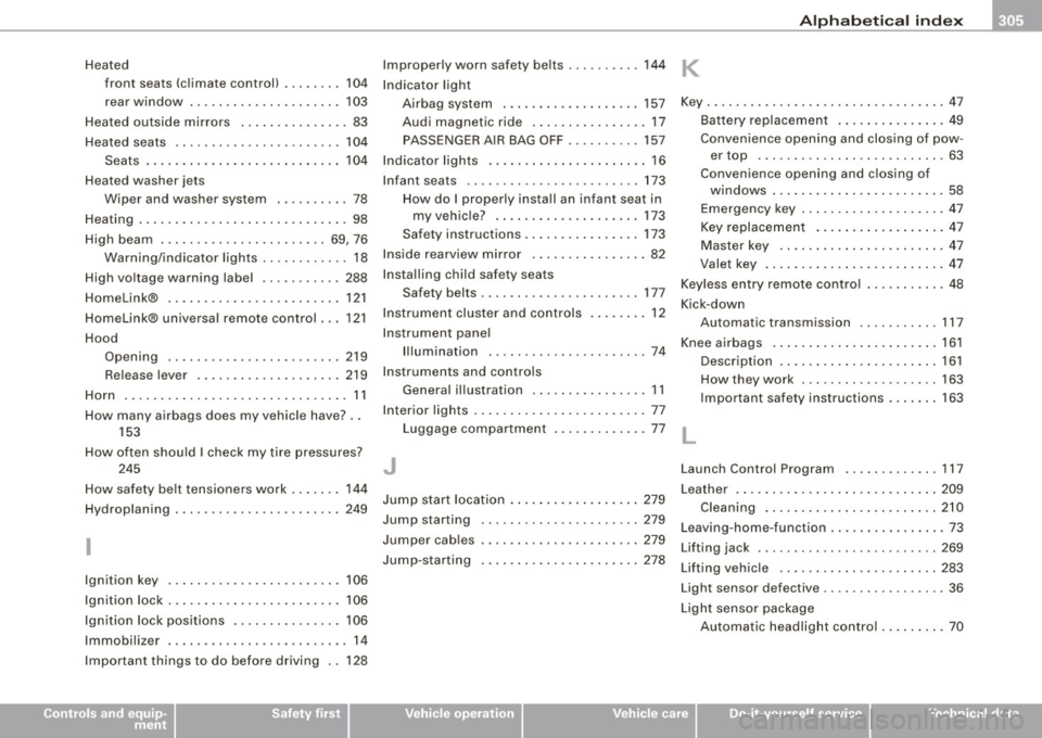 AUDI TT ROADSTER 2008 Owners Guide ______________________________________________ A_ l_,_ p _h_ a_ b_e _t_ic _ a _ l _in _ d_e _ x __ _
Heated
front seats (climate control) .... .... 104
rear window ...... ....... ..... ... AUDI TT ROADSTER 2008 Owners Guide ______________________________________________ A_ l_,_ p _h_ a_ b_e _t_ic _ a _ l _in _ d_e _ x __ _
Heated
front seats (climate control) .... .... 104
rear window ...... ....... ..... ...