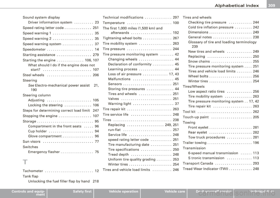 AUDI TT ROADSTER 2008 Owners Guide ______________________________________________ A_ l_,_ p _h_ a_ b_e _t_ic _ a _ l _in _ d_e _ x __ lll
Sound system display
Driver info rma tion system .... .... .. 23
Speed rating letter AUDI TT ROADSTER 2008 Owners Guide ______________________________________________ A_ l_,_ p _h_ a_ b_e _t_ic _ a _ l _in _ d_e _ x __ lll
Sound system display
Driver info rma tion system .... .... .. 23
Speed rating letter