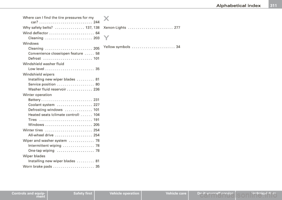 AUDI TT ROADSTER 2008  Owners Manual Alphabetical  index -
-------------=----
Where  can  I find  the  tire  pressures  for  my X 
car?  ...... .. .... .... ......... .. 244 
Why  safety  belts?  ............... 137, 138  Xenon-Lights  .