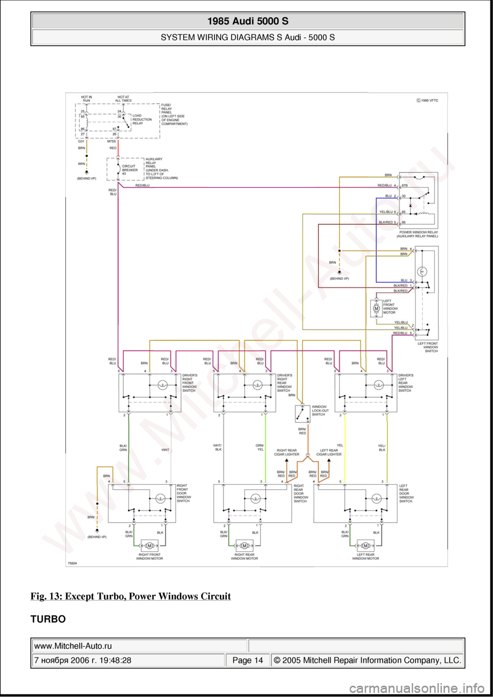AUDI 5000S 1985 C2 System Wiring Diagram 
Fig. 13: Except Turbo, Power Windows Circuit 
TURBO 
 
1985 Audi 5000 S 
SYSTEM WIRING DIAGRAMS S Audi - 5000 S  
www.Mitchell-Auto.ru  
7  ноября  2006 г. 19:48:28Page 14 © 2005 Mitchell Rep