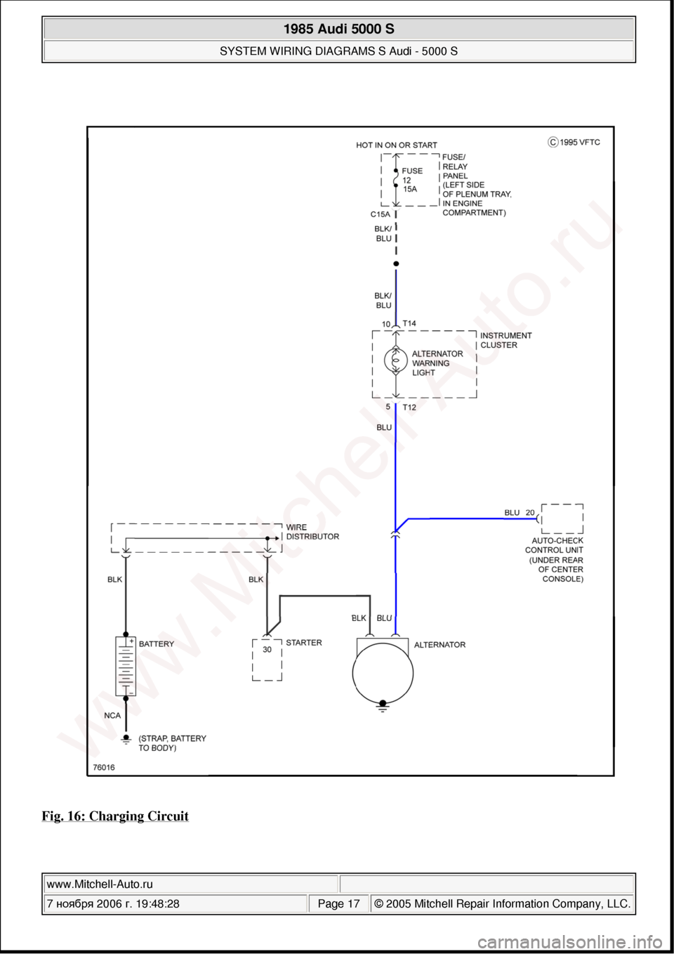 AUDI 5000S 1985 C2 System Wiring Diagram 
Fig. 16: Charging Circuit 
 
1985 Audi 5000 S 
SYSTEM WIRING DIAGRAMS S Audi - 5000 S  
www.Mitchell-Auto.ru  
7 ноября  2006 г. 19:48:28Page 17 © 2005 Mitchell Repair Information Company, LL