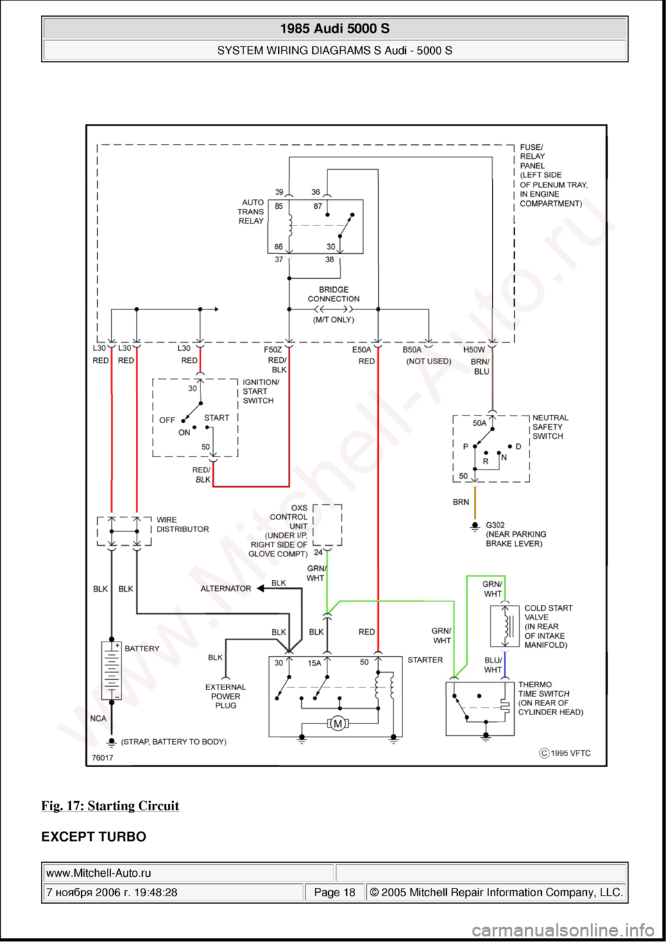 AUDI 5000S 1985 C2 System Wiring Diagram 
Fig. 17: Starting Circuit 
EXCEPT TURBO 
 
1985 Audi 5000 S 
SYSTEM WIRING DIAGRAMS S Audi - 5000 S  
www.Mitchell-Auto.ru  
7  ноября  2006 г. 19:48:28Page 18 © 2005 Mitchell Repair Informat
