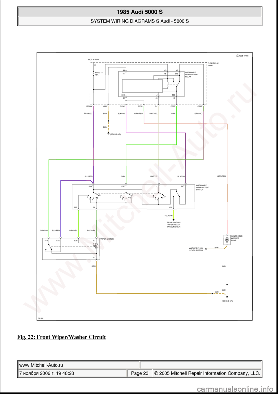 AUDI 5000S 1985 C2 System Wiring Diagram 
Fig. 22: Front Wiper/Washer Circuit 
 
1985 Audi 5000 S 
SYSTEM WIRING DIAGRAMS S Audi - 5000 S  
www.Mitchell-Auto.ru  
7 ноября  2006 г. 19:48:28Page 23 © 2005 Mitchell Repair Information C