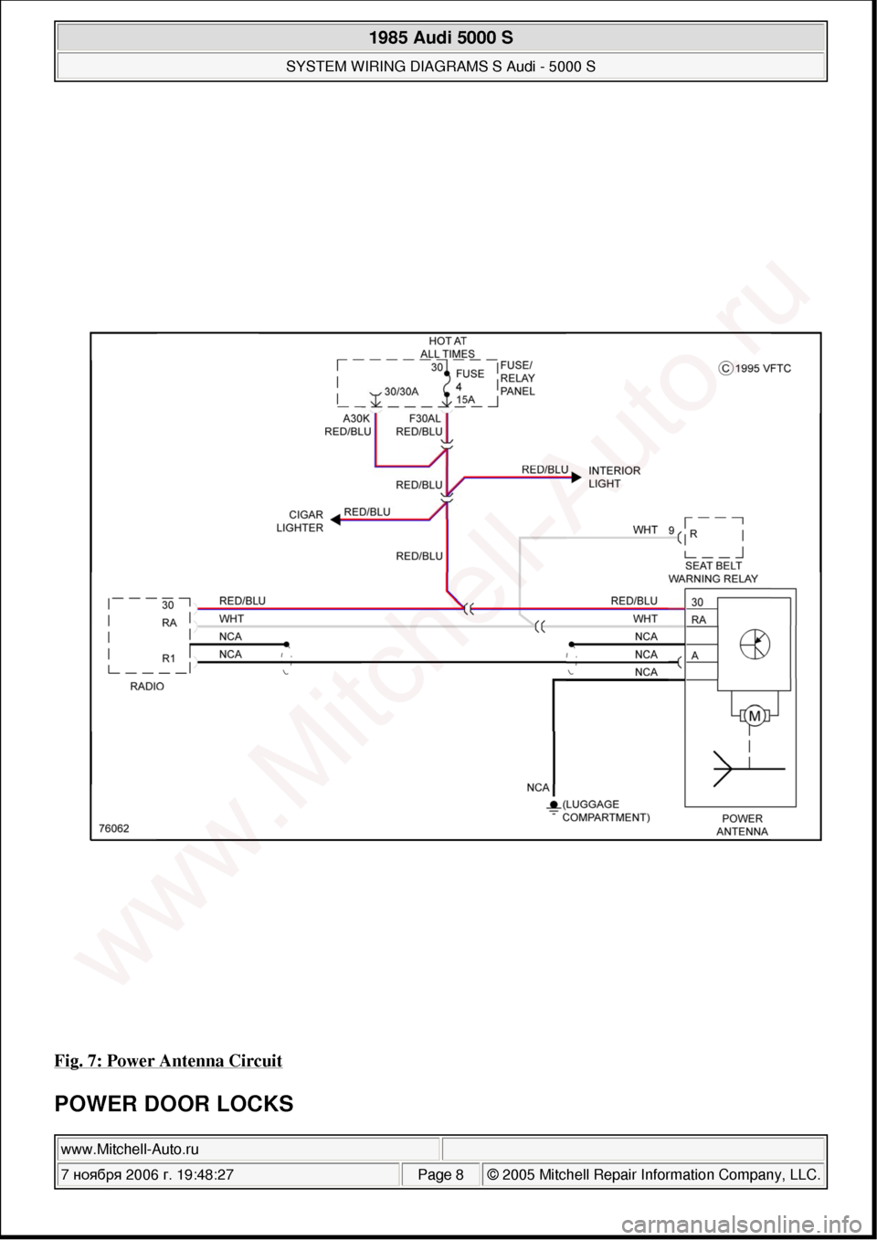 AUDI 5000S 1985 C2 System Wiring Diagram 
Fig. 7: Power Antenna Circuit 
POWER DOOR LOCKS 
 
1985 Audi 5000 S 
SYSTEM WIRING DIAGRAMS S Audi - 5000 S  
www.Mitchell-Auto.ru  
7 ноября  2006 г. 19:48:27Page 8 © 2005 Mitchell Repair In